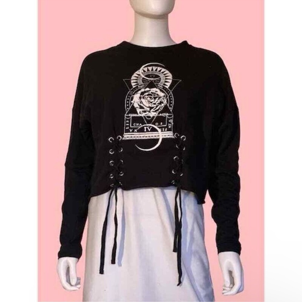 Hot Topic Black Floral Moon Lace Up Sweater Medium
